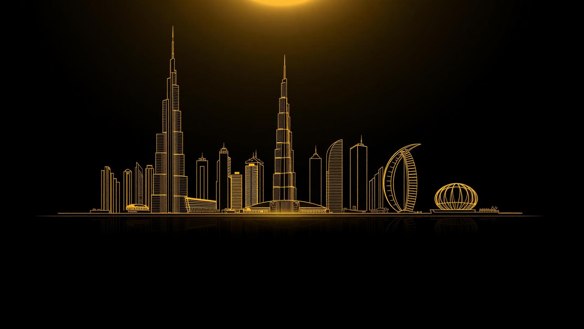 Gold line-art Dubai skyline with Burj Khalifa